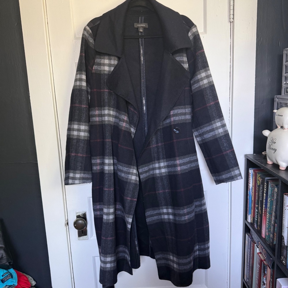 Halogen Womens XL Plaid Wool Blend Belted Wrap Coat Black Grey Red HA417896MI